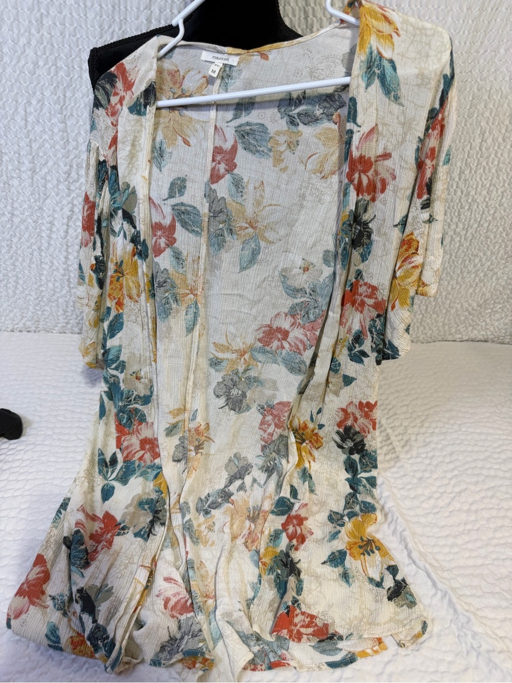 Maurices White Floral Long-Sleeve Open Cardigan